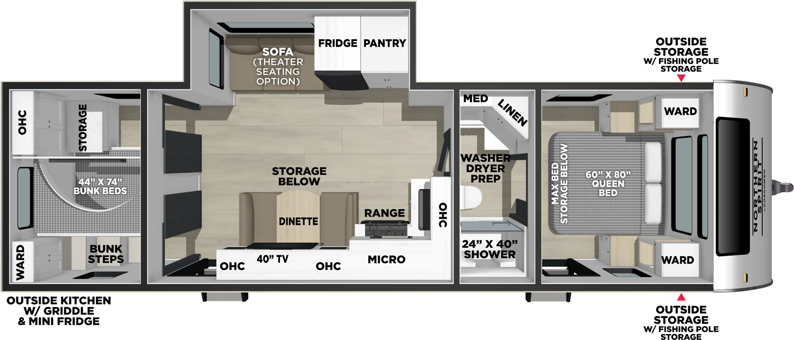 The Northern Spirit 3070BH floorplan has two entries and one slide out. Exterior features include: fiberglass exterior and outside kitchen. Interiors features include: bunk beds, front bedroom and pass through bathroom.